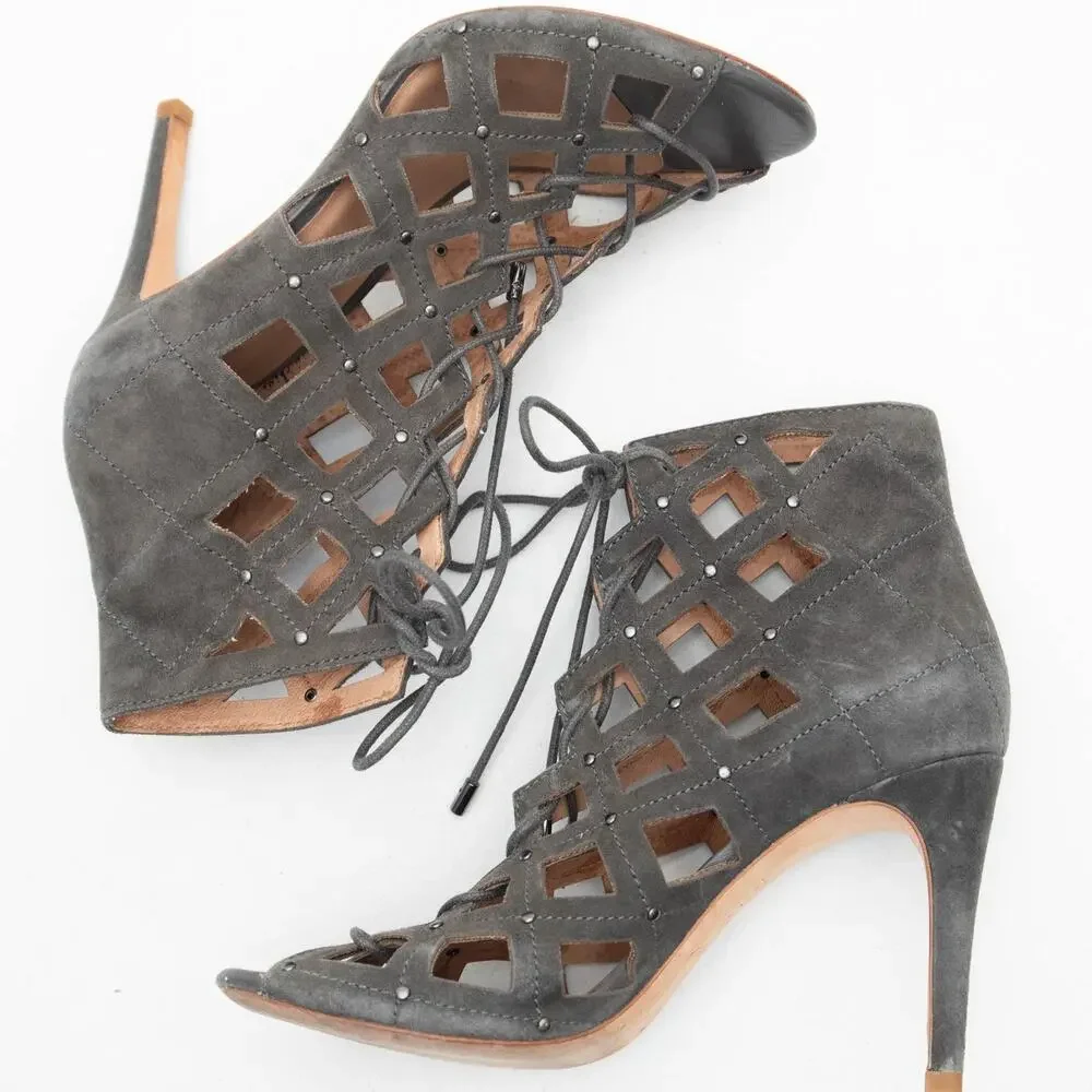 Joie Gray Sueded Cayla Studded Caged Lace Up Stiletto Heels Size 38 US 7.5